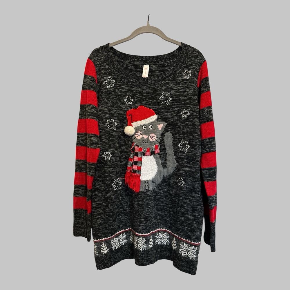 No Boundaries Women's Christmas Long Sleeve Tunic Sweater Cat Snowflakes XL‎